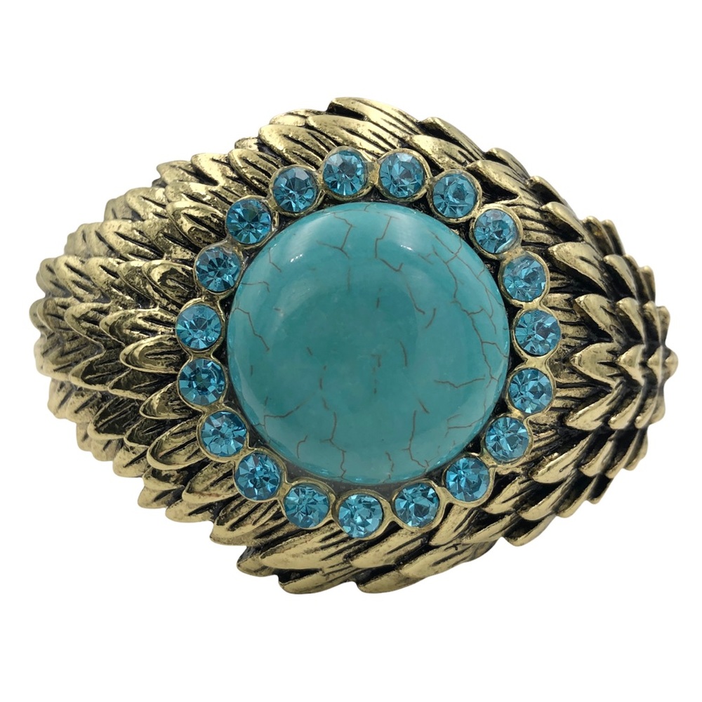 Turquoise Stone Blue Rhinestone Gold Feather Statement Hinged Bangle Bracelet